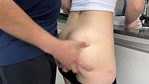 cumming deep in stepsister's tight ass while she washes dishes in shorts