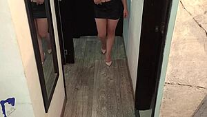 horny roommate milf fucks against mirror ends with cumshot in mouth