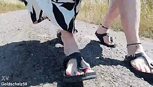 barefoot birkenstocks stroll in nature