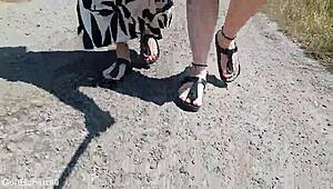 barefoot birkenstocks stroll in nature