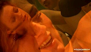 Brunette babe bends over showing tight shaved pussy