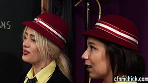 Clothed babe humiliates with student handjob suck