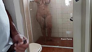 Latina milf mother-in-law bathes door open for spying big tits ass