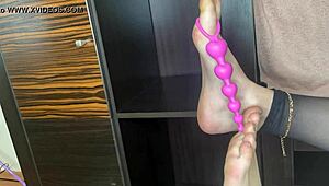 Classy Stocking Feet Tease Anal Toy Play in Close-Up Bed Scenes