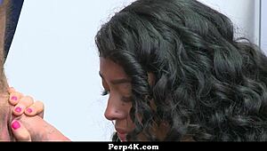 Teen brunette caught spying has to ride security man's cock doggystyle to escape shop