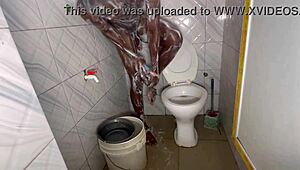 Overwhelmed by the sight of that massive black cock glistening in the shower steam