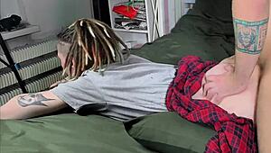 curvy tattooed slut begs for prone bone blowjob deepthroat and rough doggy on bed