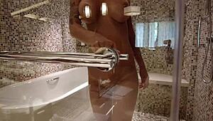 lovely monika fox strips naked for steamy shower tease