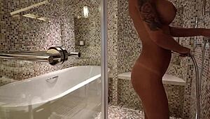 lovely monika fox strips naked for steamy shower tease
