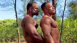 Bombadão rips clothes off muscular Brazilian bodybuilder's huge ass on country trail