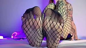 Fishnet Stockings Foot Fetish! Slutty Housewife Teases in Bedroom Close-Up