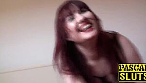 submissive uk redhead bound gagging on deepthroat while choked in rough bdsm riding