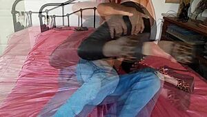 french milf in red satin bra thong leather pants heels rimjob deepthroat pussy fuck cumshot 😈💦