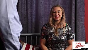 Busty British domina babe commands guy to jerk under her classy humiliation