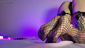 Fishnet Stockings Foot Fetish! Slutty Housewife Teases in Bedroom Close-Up