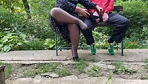 heavy cum blast covers mother-in-law's sexy high-heeled shoes outdoors