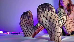 Fishnet Stockings Foot Fetish! Slutty Housewife Teases in Bedroom Close-Up
