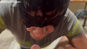 Ebony slave chokes on small cock puking orange creamsicle then sloppy rimjob