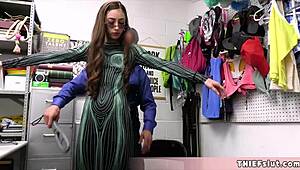 Beautiful slim girl caught shoplifting pays mall cop with pussy blowjob