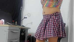 omg this sweet girl in miniskirt and fishnets grabs a huge horse dildo 😍