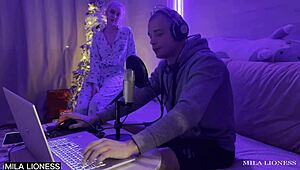 Stepson Pounds Wet Blonde Stepmom's Pussy During Video Game Stream