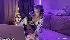 Stepson Pounds Wet Blonde Stepmom's Pussy During Video Game Stream