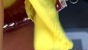 babe grinds huge dildo deep in yellow panties till she squirts