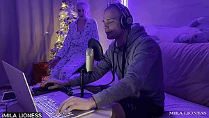 Stepson Pounds Wet Blonde Stepmom's Pussy During Video Game Stream