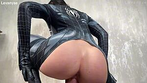 spider girl stretches gaping pussy on massive dildo