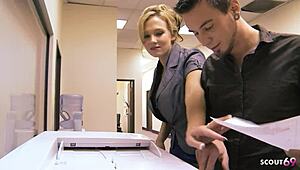 that frustrated blonde cougar boss with fake huge tits and ass shakes it all for employee's rough ride