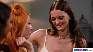 wanna see big tits brunettes and redhead lick shaved pussies in threesome?