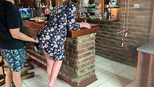 The hot milf flashes her upskirt before getting fucked hard