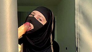 Slutty Muslim teacher deepthroats cock with messy saliva strings and gagging moans