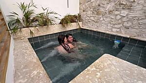 two horny colombian latinas finger wet pussies outdoors at public pool scared of getting caught masturbating