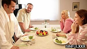 These erotic babes with juicy tits asses get nailed hard by neighbors in sinful 4some action?