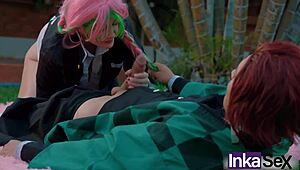 innocent mitsuri's curvy latina ass tempts tanjiro into deep anal before creamy facial finish