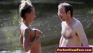 busty tattooed brit beauty sucks dick outdoors craving hot facial cumshot