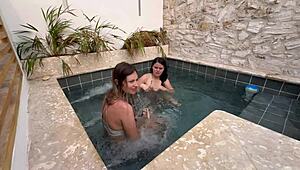 two horny colombian latinas finger wet pussies outdoors at public pool scared of getting caught masturbating