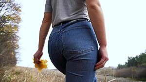 Milf in Tight Blue Jeans Teases Huge Ass Fetish Outdoors