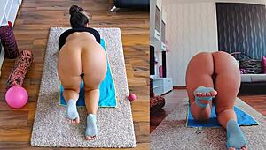 Watch these two curvy milfs spread fat asses in naked yoga workout