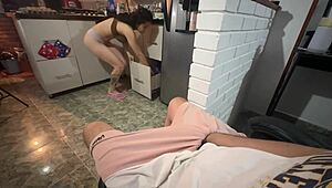 Latina teen masturbates close-up in sexy lingerie while cooking