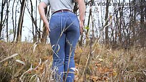 Milf in Tight Blue Jeans Teases Huge Ass Fetish Outdoors