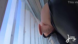 Risky public window dildo fuck turns into secret suction BJ and squirting orgasm in empty hall