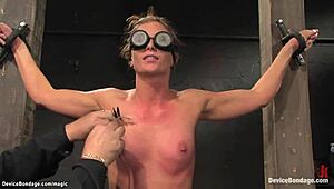 Chained brunette slave bound tight collects master's piss while gagging in pain