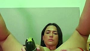 Latina Brunette Gapes Ass with Huge Zucchini Till Squirting Cum