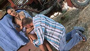 Fucking Brunette Milf's Huge Cock Anal in Lingerie Outdoors at Country Factory Site!