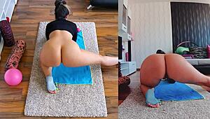 Watch these two curvy milfs spread fat asses in naked yoga workout