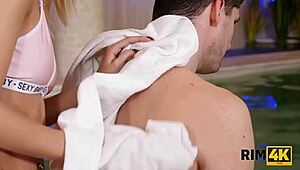 blonde fuck doll rims kevin's ass hungrily before riding his throbbing cock poolside