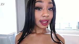 Nina splash ebony dd tits no hands blowjob huge cock cum swallow