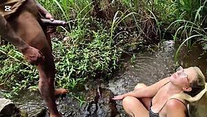 Fisherman pounds anal slut deepthroat piss at waterfall